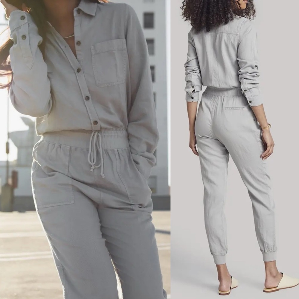 Faherty Arlie Day Long‎ Sleeve Jumpsuit Stone Grey Womens Size XS Linen Lyocell